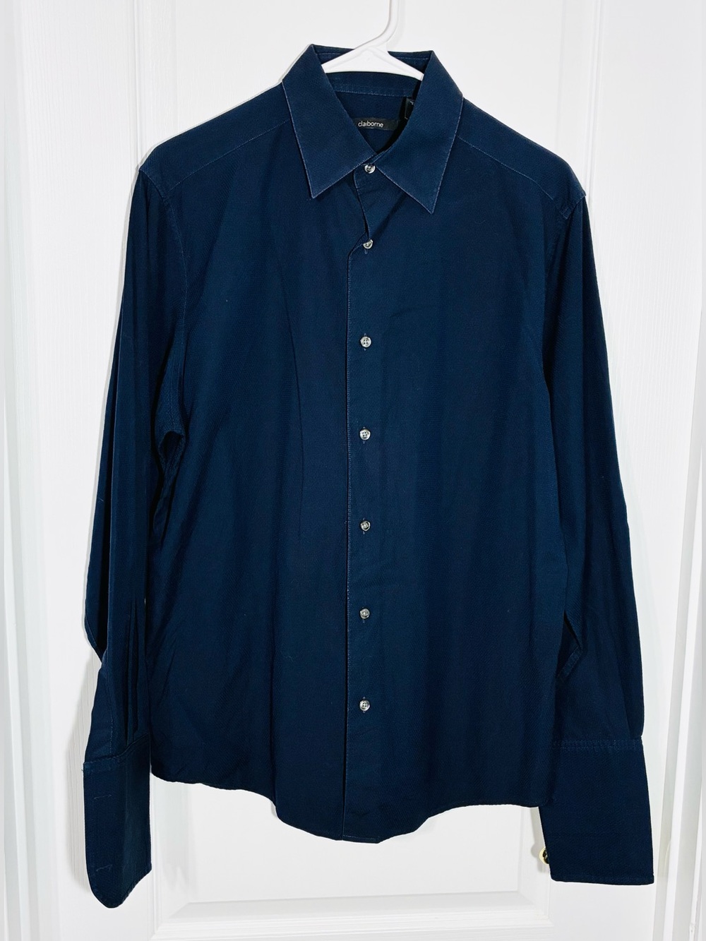 Y2K Claiborne Modern Fit French Cuff Textured Dress Shirt Navy Blue Men’s Medium